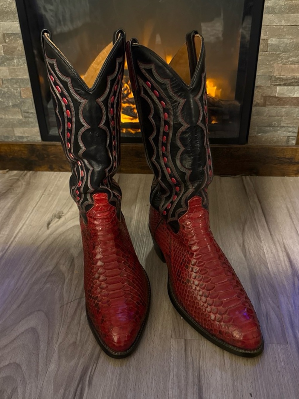 J. Chisholm Black and Red Exotic Leather Western Boots